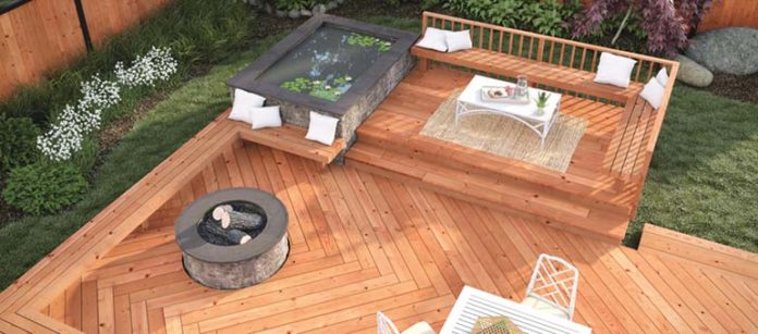 ProWoodDuraColorDeck_ChevronDeckWithPondandFirepit Treated Lumber